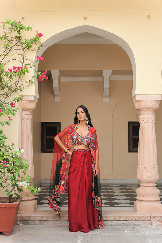 SCARLET BLOOM PRINTED HIGHLIGHT BRALETTE WITH.COWL SKIRT AND DUAL APPLIQUÉ HIGHLIGHT CAPE SET