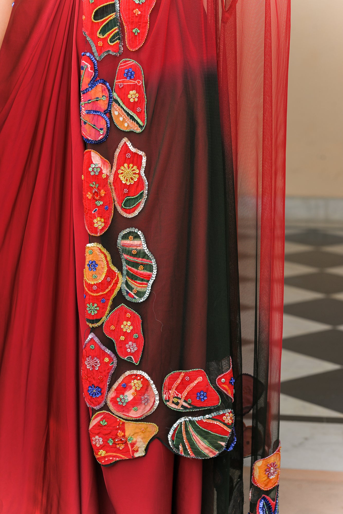 SCARLET BLOOM PRINTED HIGHLIGHT BRALETTE WITH.COWL SKIRT AND DUAL APPLIQUÉ HIGHLIGHT CAPE SET