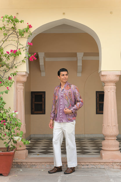 VIOLET BLOOM HIGHLIGHTED BOMBER JACKET WITH VIOLET SHIRT PANT SET