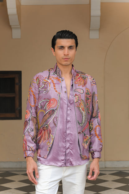 VIOLET BLOOM HIGHLIGHTED BOMBER JACKET WITH VIOLET SHIRT PANT SET