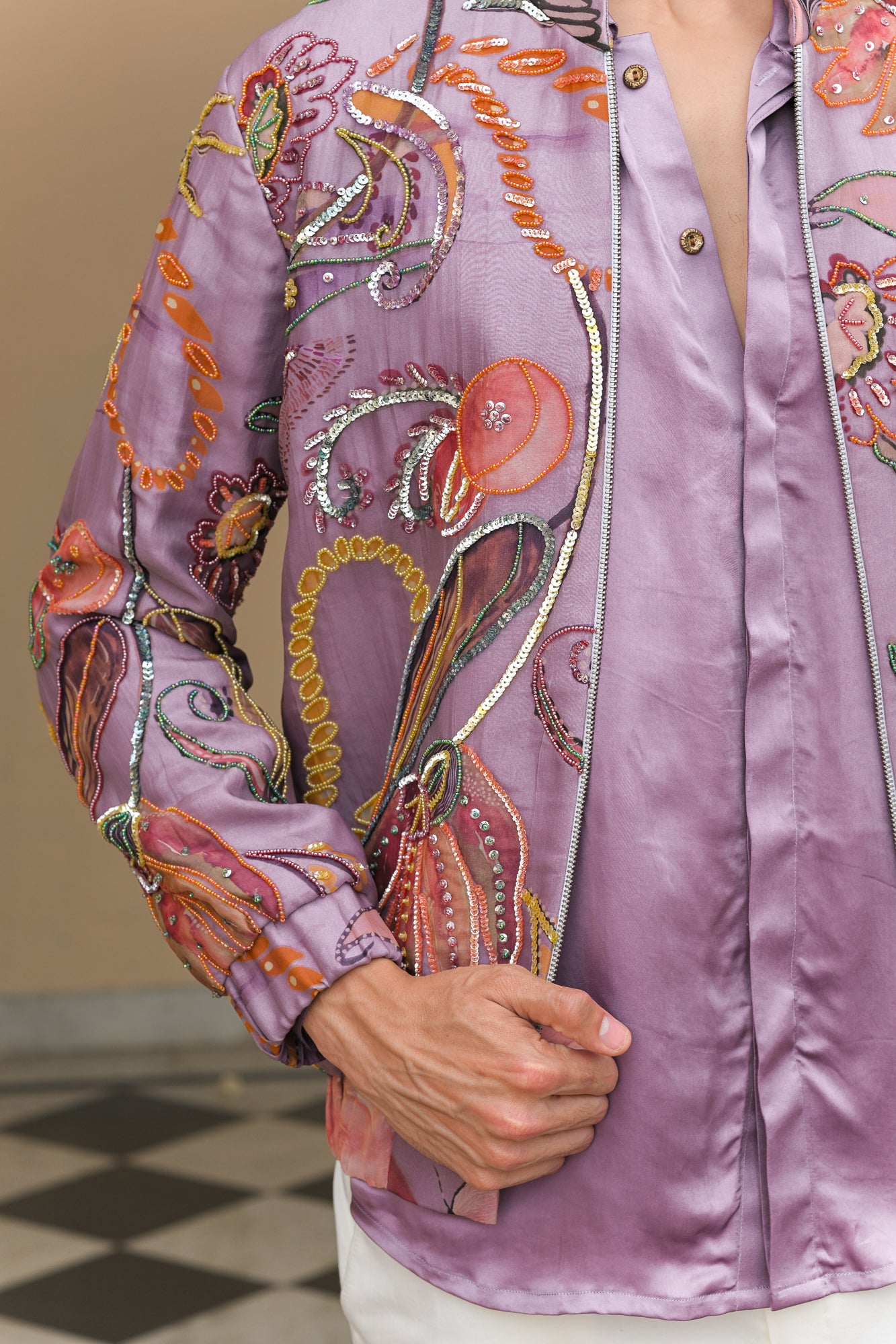 VIOLET BLOOM HIGHLIGHTED BOMBER JACKET WITH VIOLET SHIRT PANT SET