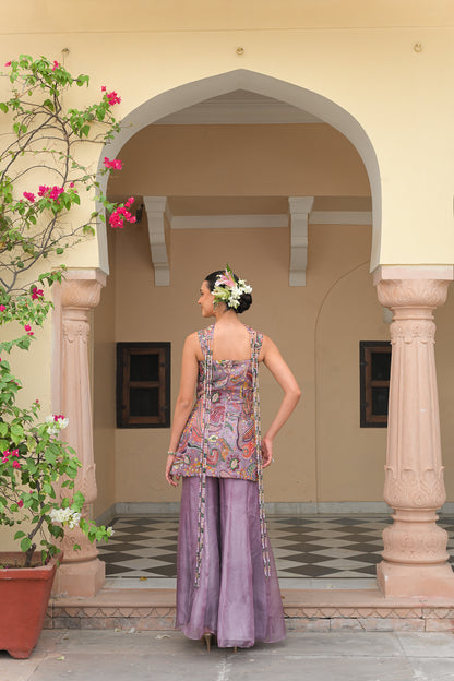 VIOLET BLOOM EMBROIDERED PANEL KURTA WITH KALI PANEL PANTS AND NECK TASSEL DUPATTA