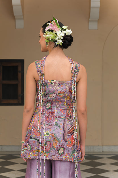 VIOLET BLOOM EMBROIDERED PANEL KURTA WITH KALI PANEL PANTS AND NECK TASSEL DUPATTA