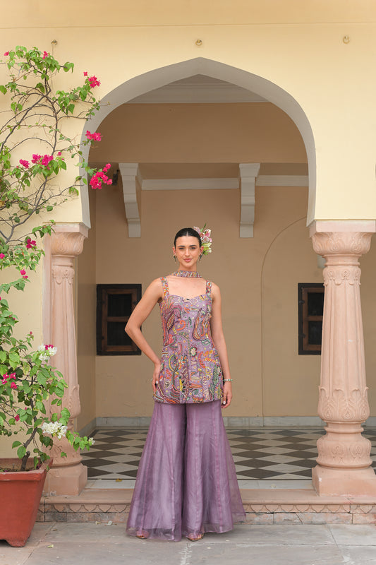 VIOLET BLOOM EMBROIDERED PANEL KURTA WITH KALI PANEL PANTS AND NECK TASSEL DUPATTA