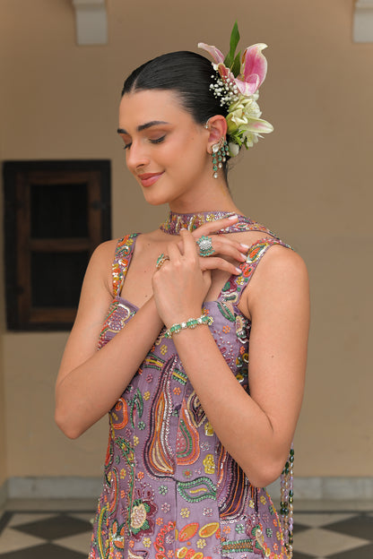 VIOLET BLOOM EMBROIDERED PANEL KURTA WITH KALI PANEL PANTS AND NECK TASSEL DUPATTA