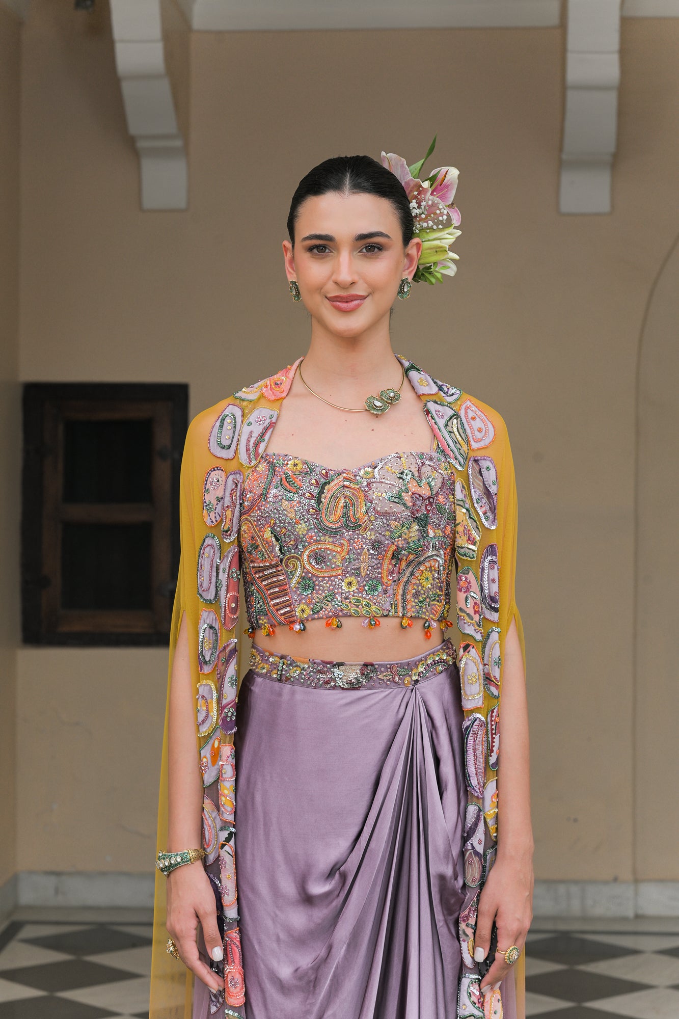 PURPLE COWL SATIN SKIRT WITH VIOLET BLOOM HIGHLIGHT CORSET BLOUSE AND DUAL APPLIQUÉ HIGHLIGHT CAPE SET