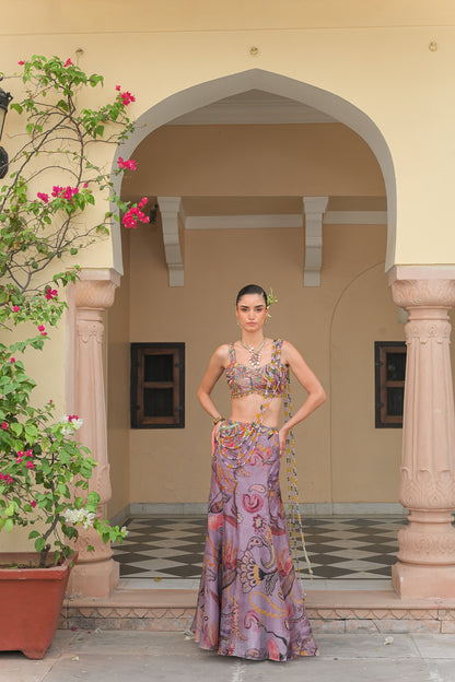 VOILET BLOOM FISH TAIL SKIRT WITH ATTACHED TASSEL. PALLA AND VIOLET BLOOM EMBROIDERED CORSET BLOUSE