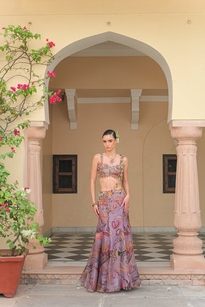 VOILET BLOOM FISH TAIL SKIRT WITH ATTACHED TASSEL. PALLA AND VIOLET BLOOM EMBROIDERED CORSET BLOUSE