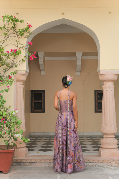 VIOLET BLOOM FLOWER PATCH JUMPSUIT WITH TASSEL DUPATTA