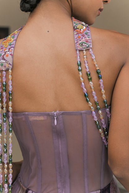 VIOLET BLOOM FLOWER PATCH JUMPSUIT WITH TASSEL DUPATTA