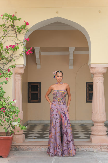 VIOLET BLOOM FLOWER PATCH JUMPSUIT WITH TASSEL DUPATTA