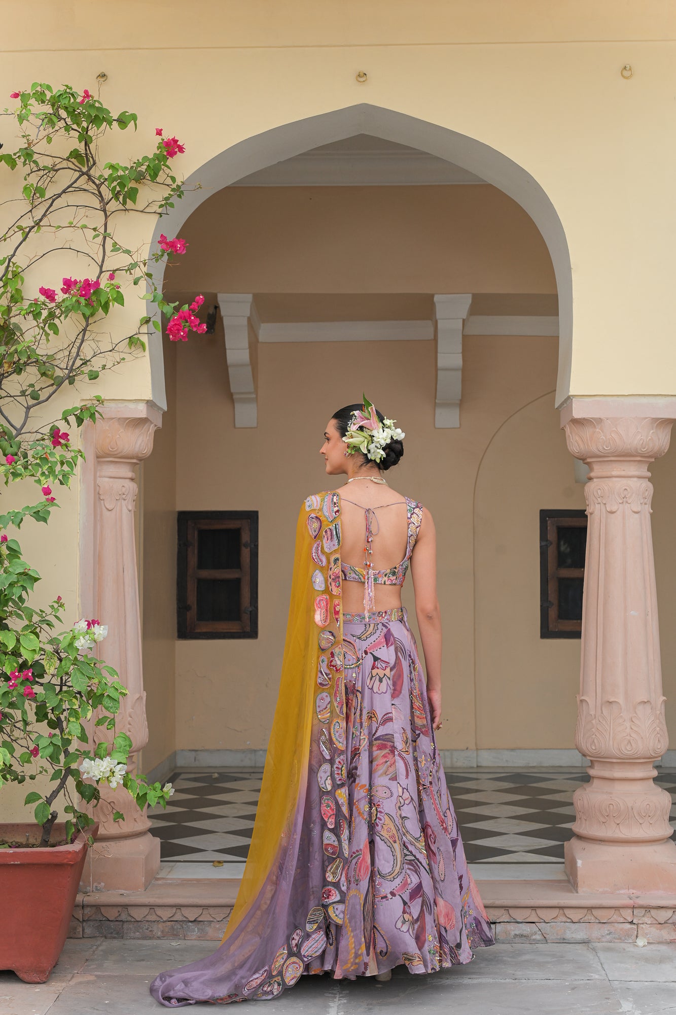 VIOLET BLOOM HIGHLIGHT LEHENGAS WITH VIOLET. BLOOM EMBROIDERED BLOUSE AND DUAL APPLIQUE HIGHLIGHT DUPATTA