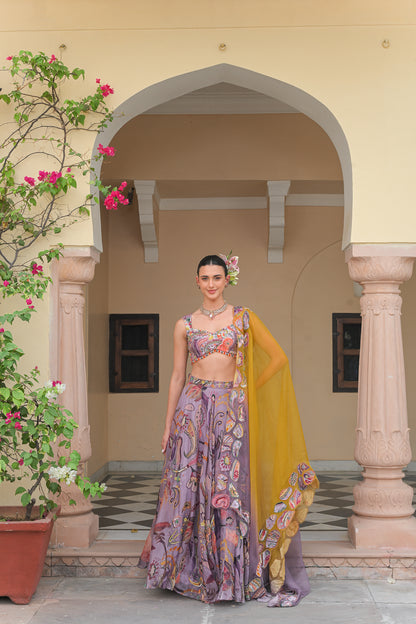 VIOLET BLOOM HIGHLIGHT LEHENGAS WITH VIOLET. BLOOM EMBROIDERED BLOUSE AND DUAL APPLIQUE HIGHLIGHT DUPATTA