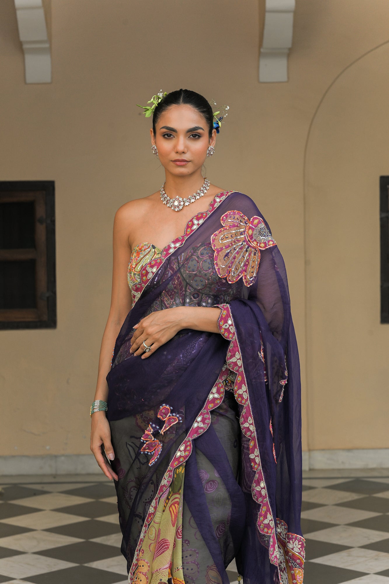 DUAL SAREE WITH PATCH PALLA, PETTICOAT AND OLIVE BLOOM CORSET HIGHLIGHT WITH MIRROR WORK