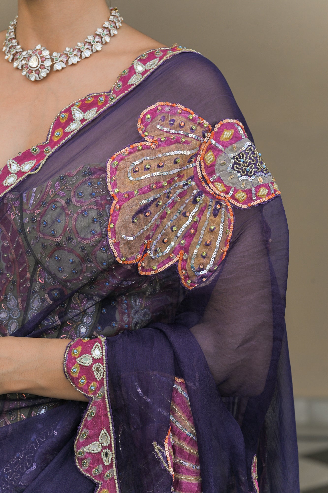 DUAL SAREE WITH PATCH PALLA, PETTICOAT AND OLIVE BLOOM CORSET HIGHLIGHT WITH MIRROR WORK