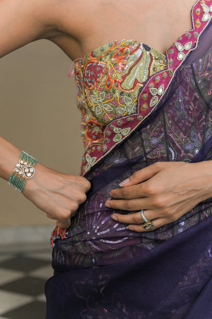 DUAL SAREE WITH PATCH PALLA, PETTICOAT AND OLIVE BLOOM CORSET HIGHLIGHT WITH MIRROR WORK