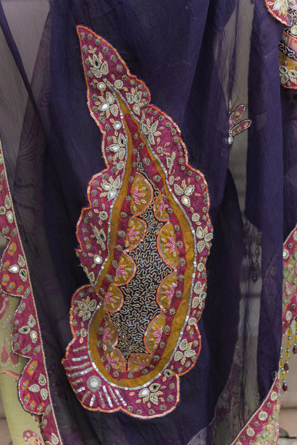 DUAL SAREE WITH PATCH PALLA, PETTICOAT AND OLIVE BLOOM CORSET HIGHLIGHT WITH MIRROR WORK