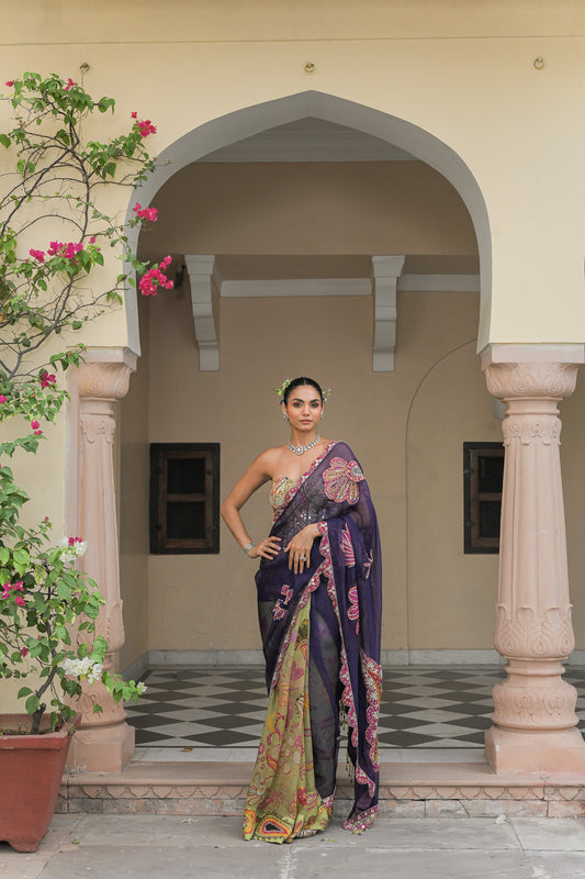 DUAL SAREE WITH PATCH PALLA, PETTICOAT AND OLIVE BLOOM CORSET HIGHLIGHT WITH MIRROR WORK