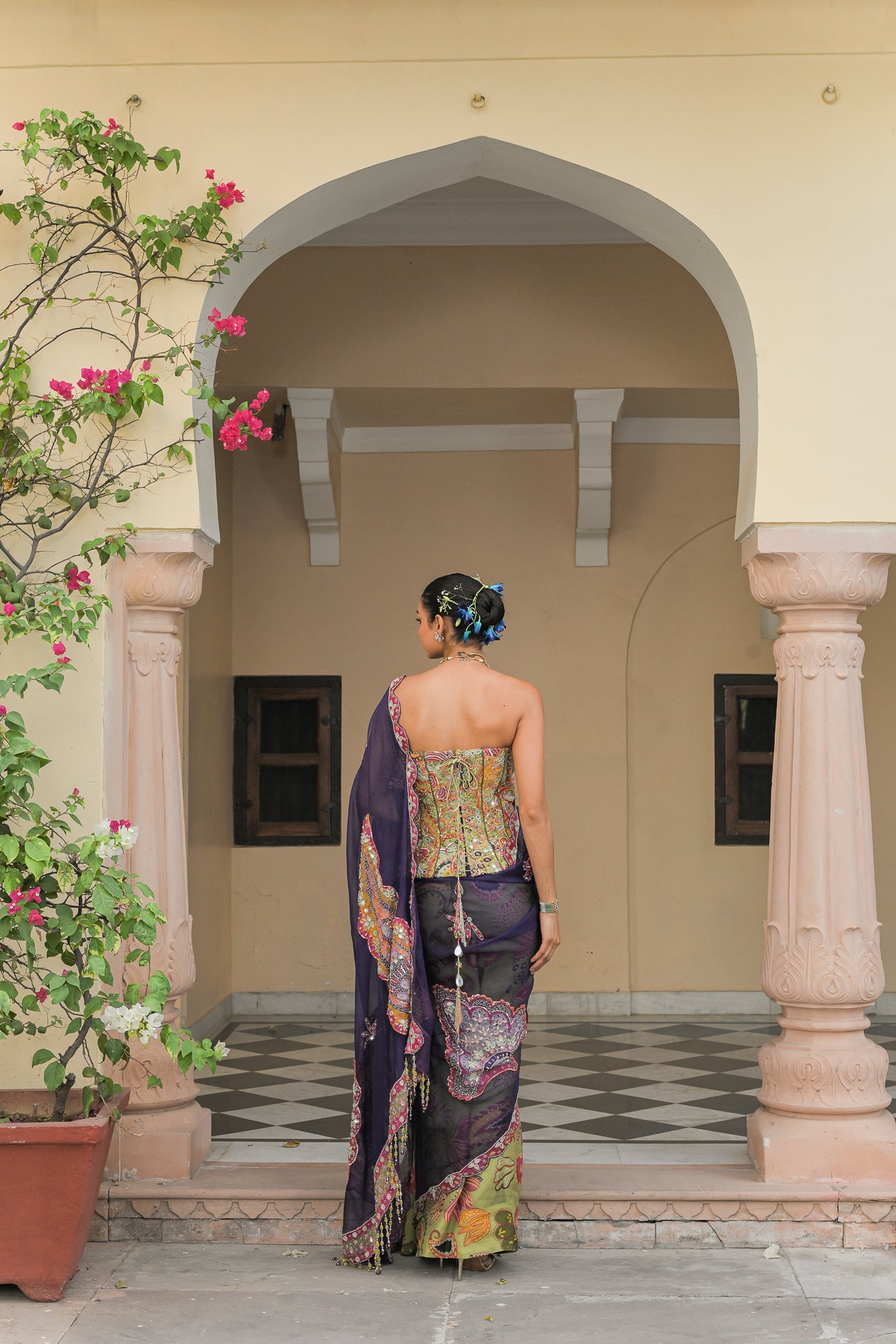 DUAL SAREE WITH PATCH PALLA, PETTICOAT AND OLIVE BLOOM CORSET HIGHLIGHT WITH MIRROR WORK