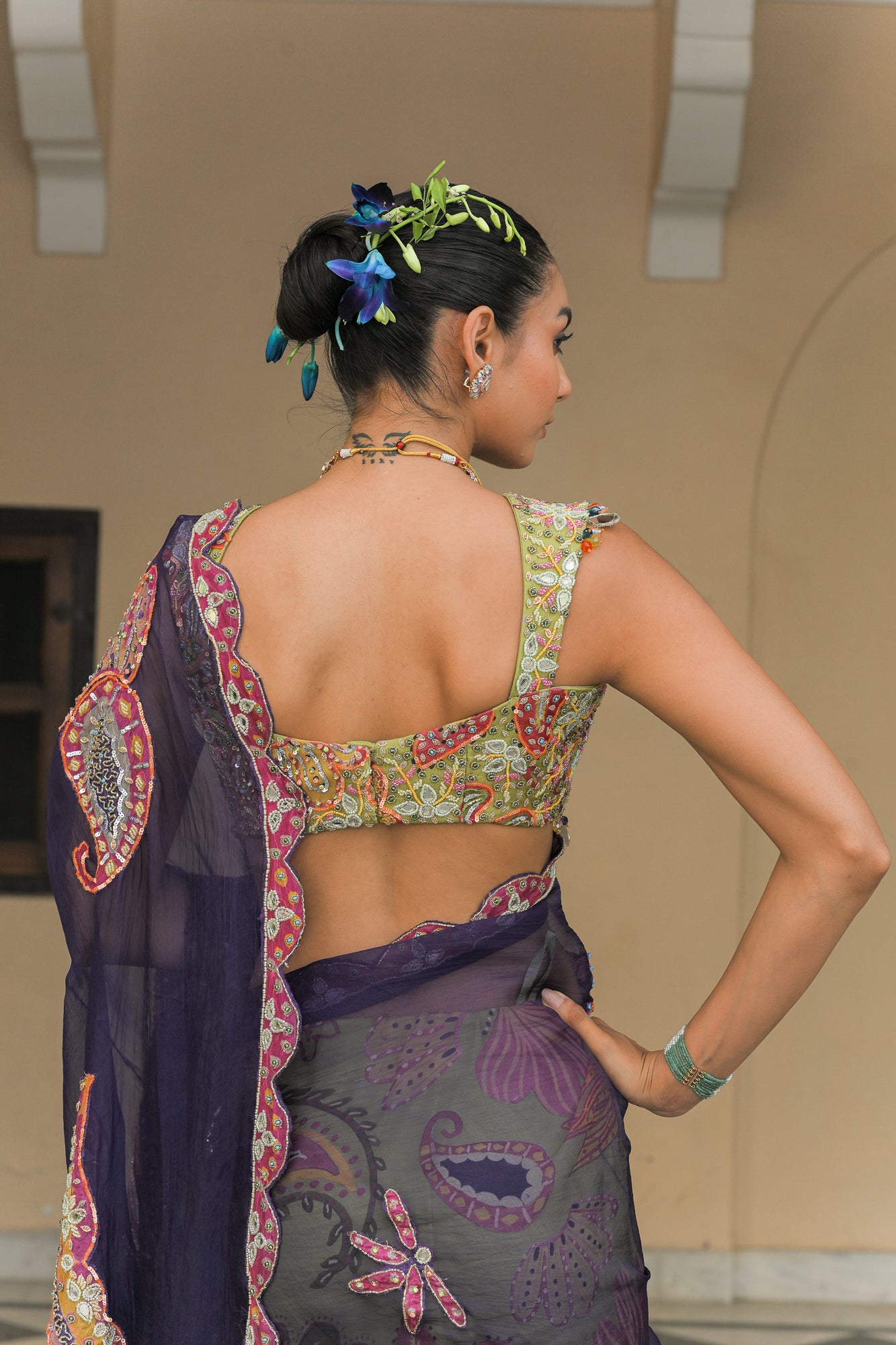 DUAL SAREE WITH PATCH PALLA, PETTICOAT AND OLIVE. BLOOM MIRROR WORK HIGHLIGHT BLOUSE