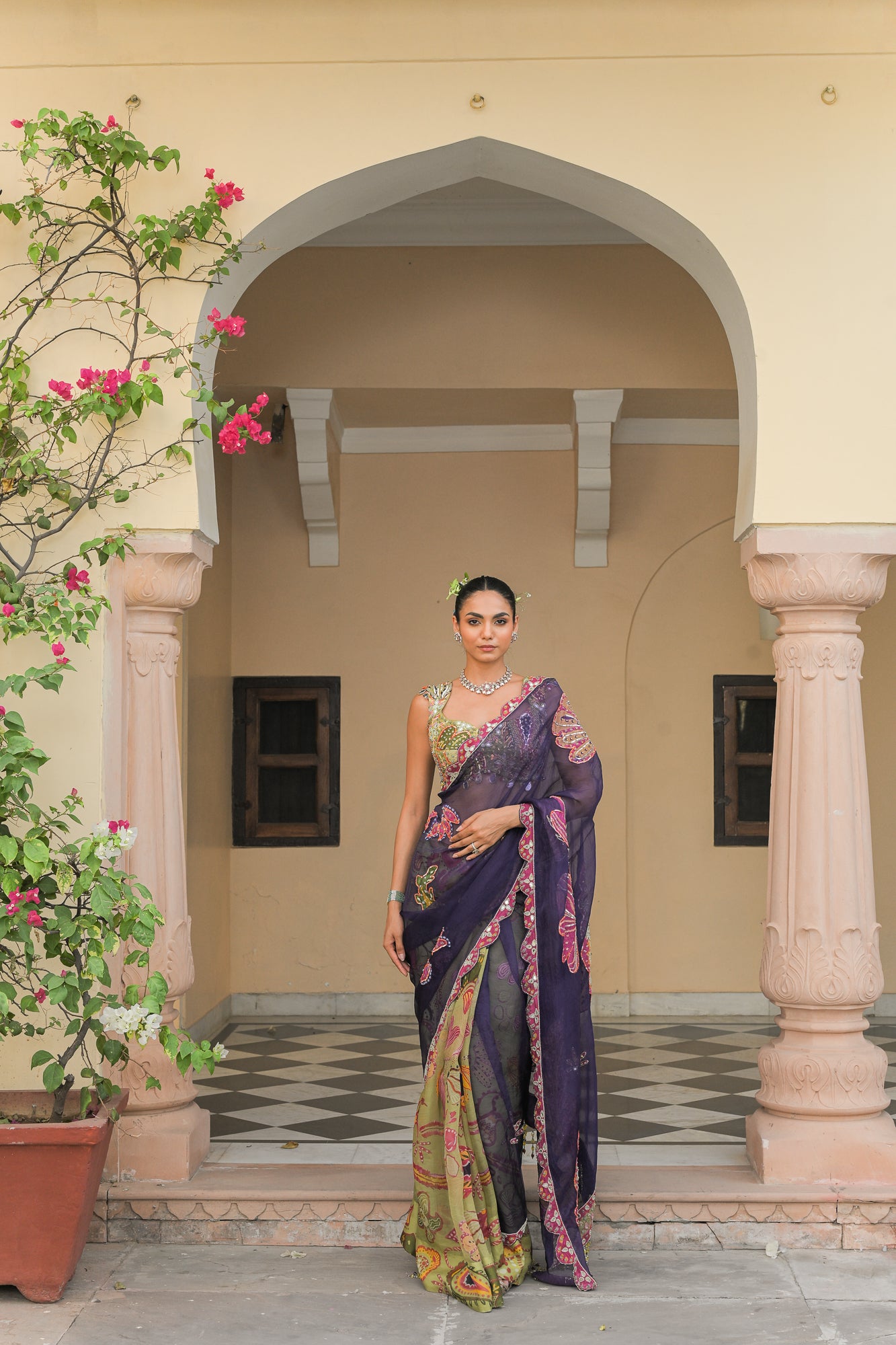 DUAL SAREE WITH PATCH PALLA, PETTICOAT AND OLIVE. BLOOM MIRROR WORK HIGHLIGHT BLOUSE