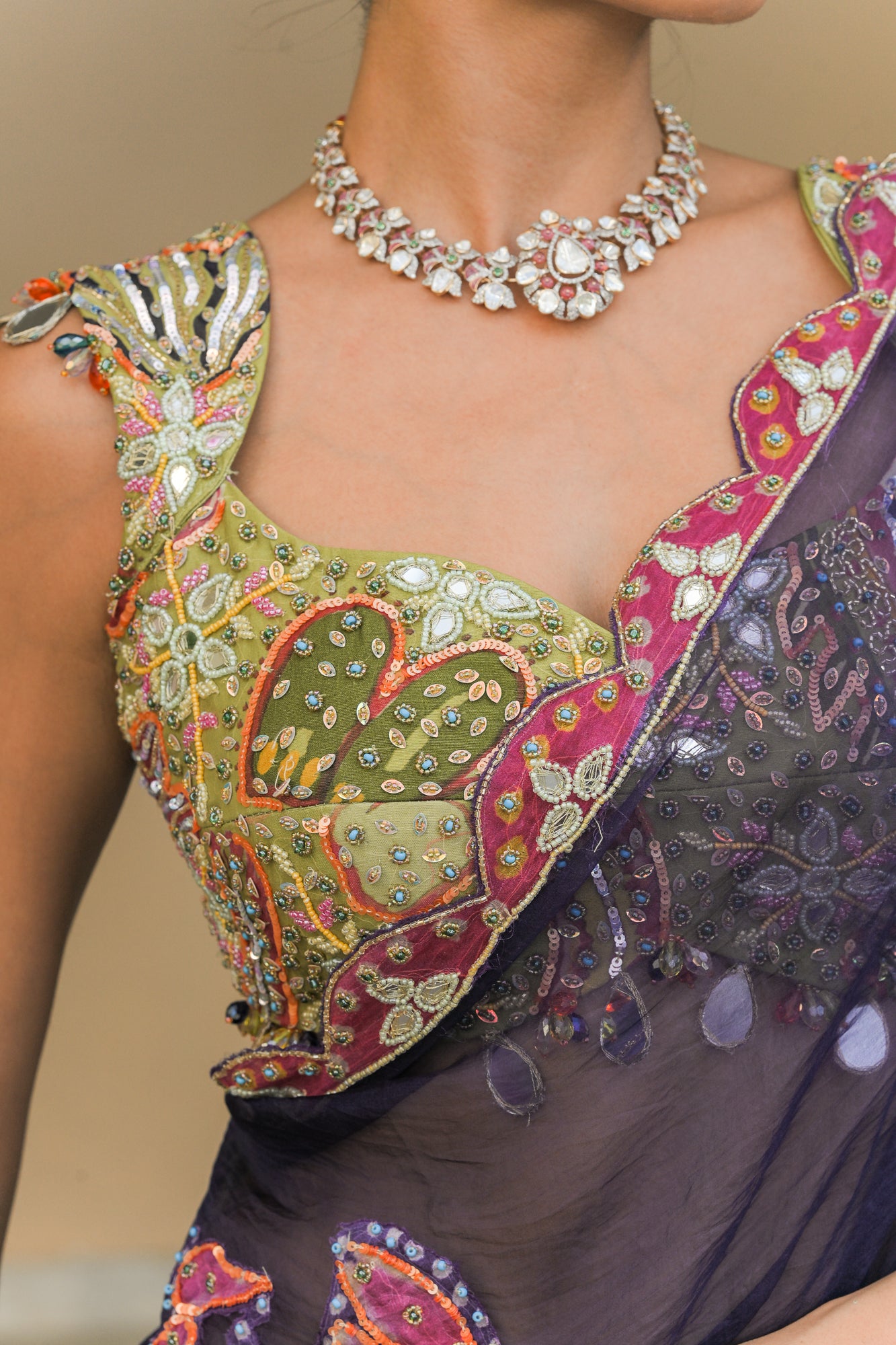 DUAL SAREE WITH PATCH PALLA, PETTICOAT AND OLIVE. BLOOM MIRROR WORK HIGHLIGHT BLOUSE