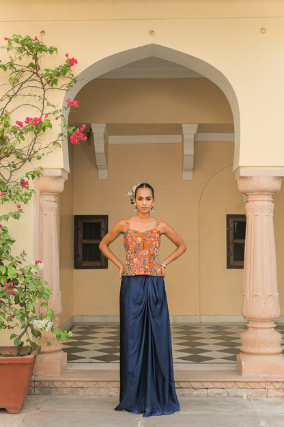 AMBER BLOOM HIGHLIGHT CORSET PAIRED WITH. NAVY BLUE COWL SKIRT SET