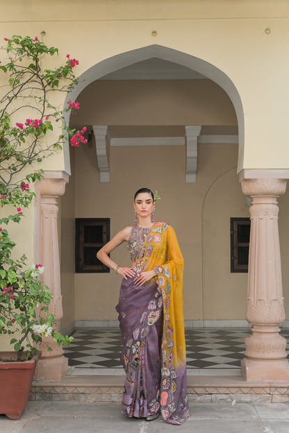 VIOLET BLOOM HIGHLIGHT BLOUSE. AND PETTICOAT AND DUAL ORGANZA APPLIQUE. HIGHLIGHT SAREE