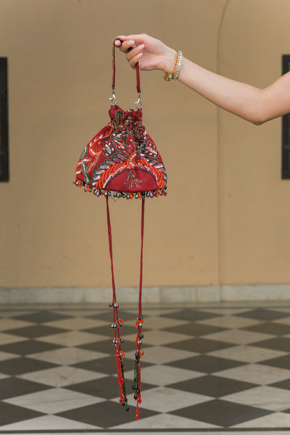 SCARLET BLOOM EMBROIDERED POTLI