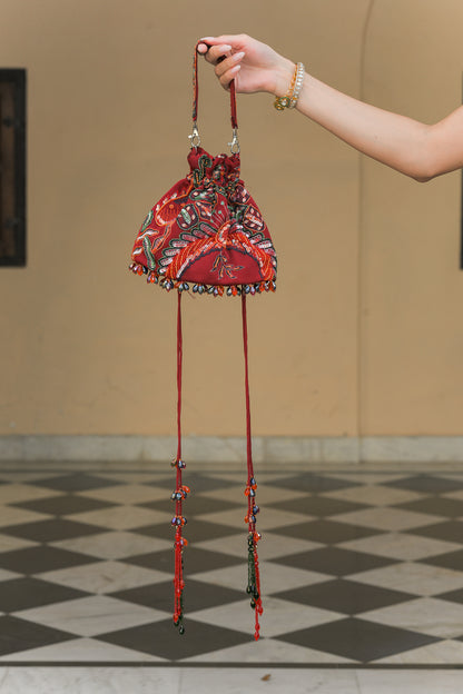 SCARLET BLOOM EMBROIDERED POTLI