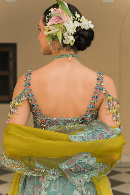 IRIS MIST HIGHLIGHT LEHENGAS PAIRED WITH PATCH HIGHLIGHT IRIS MIST BLOUSE AND THREAD WORK APPLIQUÉ PATCH HIGHLIGHT DUAL DUPATTA