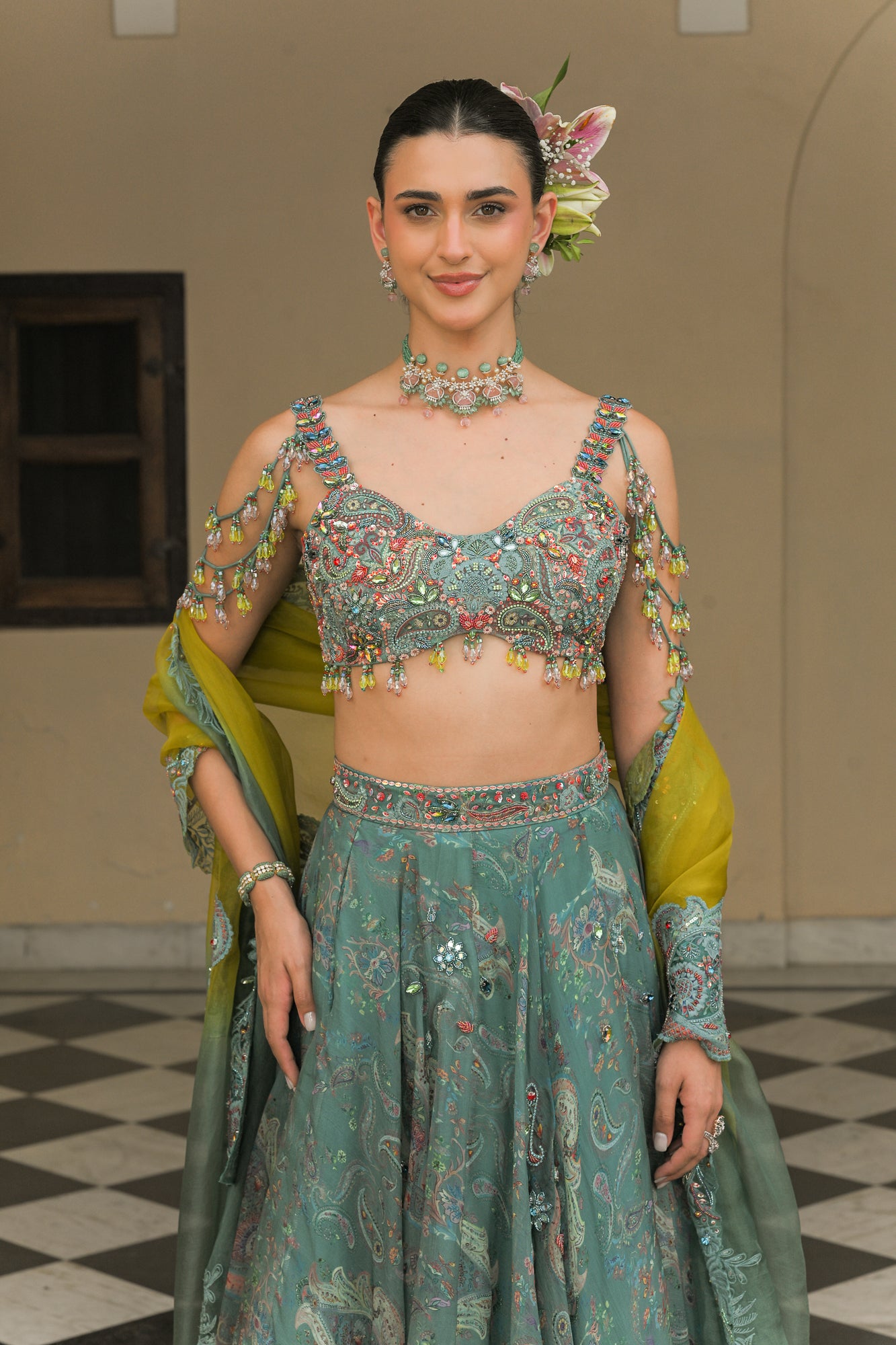 IRIS MIST HIGHLIGHT LEHENGAS PAIRED WITH PATCH HIGHLIGHT IRIS MIST BLOUSE AND THREAD WORK APPLIQUÉ PATCH HIGHLIGHT DUAL DUPATTA