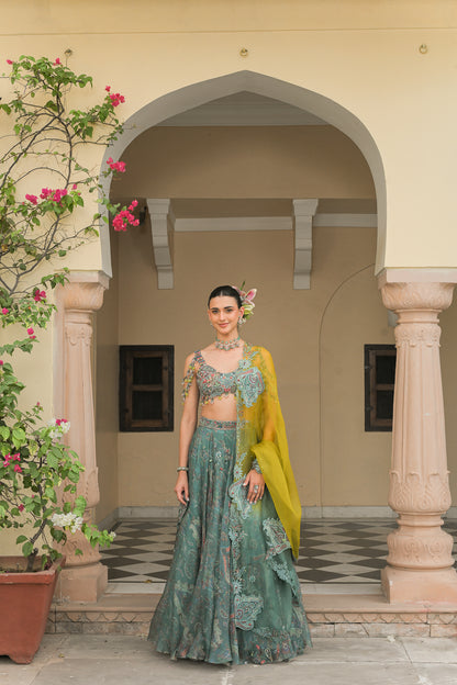 IRIS MIST HIGHLIGHT LEHENGAS PAIRED WITH PATCH HIGHLIGHT IRIS MIST BLOUSE AND THREAD WORK APPLIQUÉ PATCH HIGHLIGHT DUAL DUPATTA