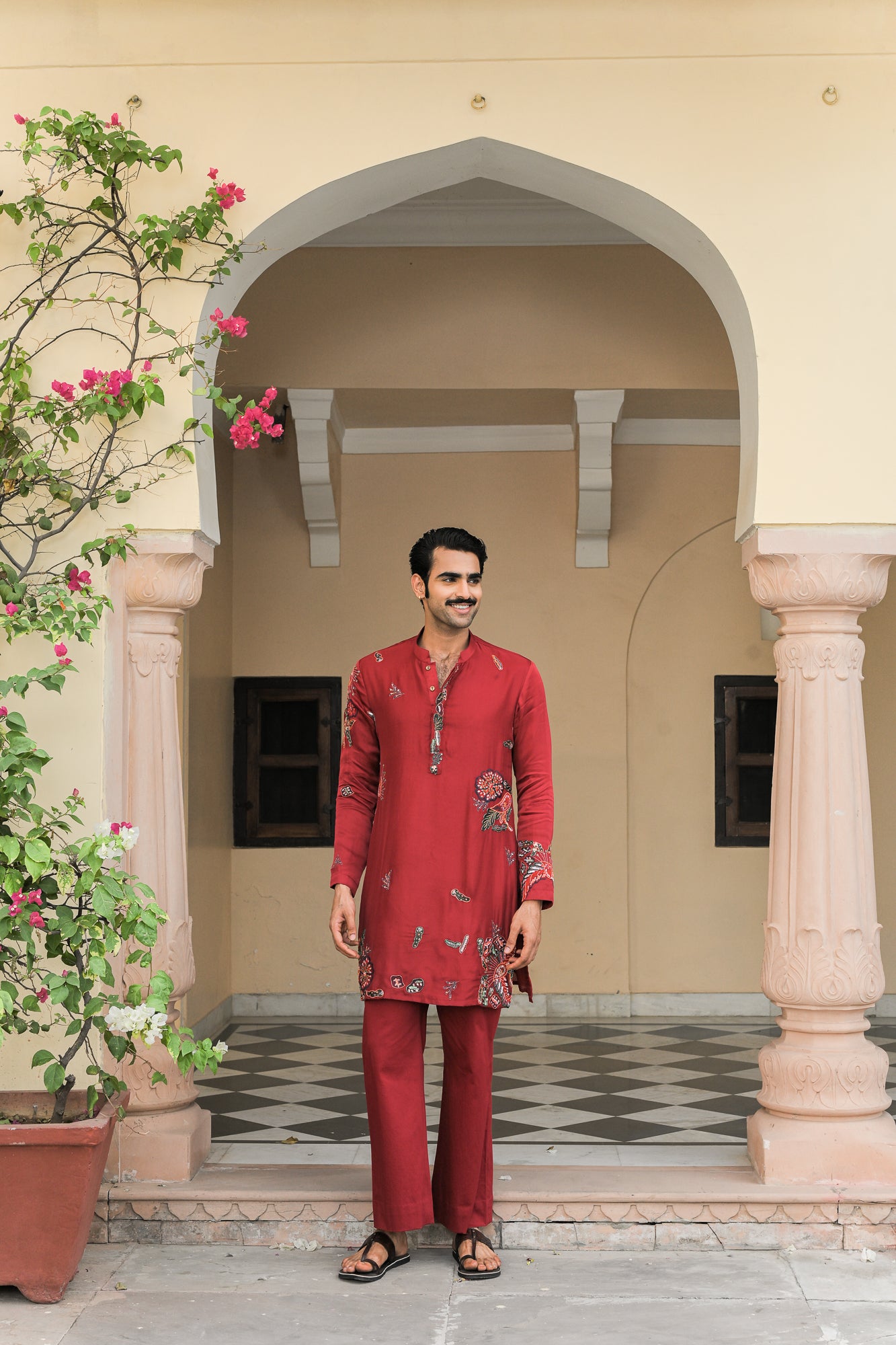 THREAD WORK EMBROIDERED PATCH KURTA. WITH SCARLET STRAIGHT PANTS