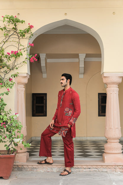 THREAD WORK EMBROIDERED PATCH KURTA. WITH SCARLET STRAIGHT PANTS