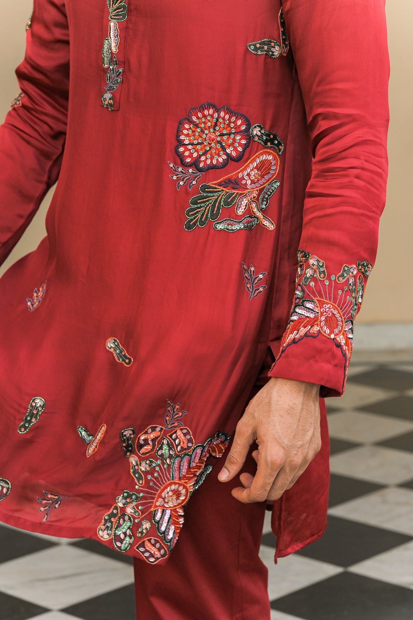 THREAD WORK EMBROIDERED PATCH KURTA. WITH SCARLET STRAIGHT PANTS