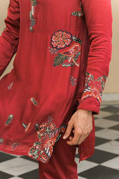 THREAD WORK EMBROIDERED PATCH KURTA. WITH SCARLET STRAIGHT PANTS