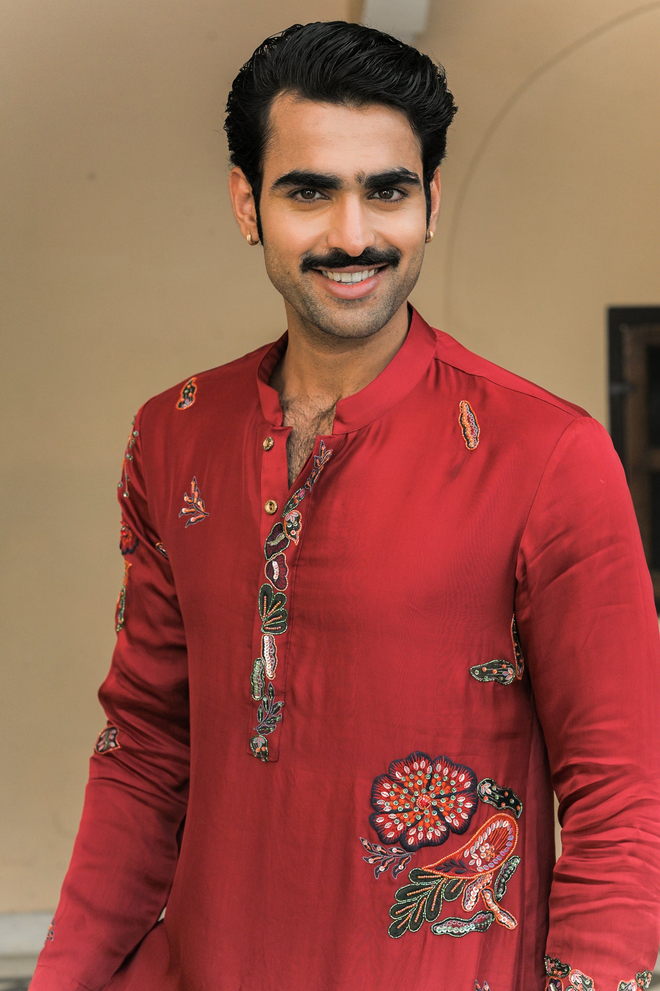 THREAD WORK EMBROIDERED PATCH KURTA. WITH SCARLET STRAIGHT PANTS