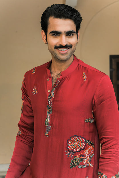 THREAD WORK EMBROIDERED PATCH KURTA. WITH SCARLET STRAIGHT PANTS