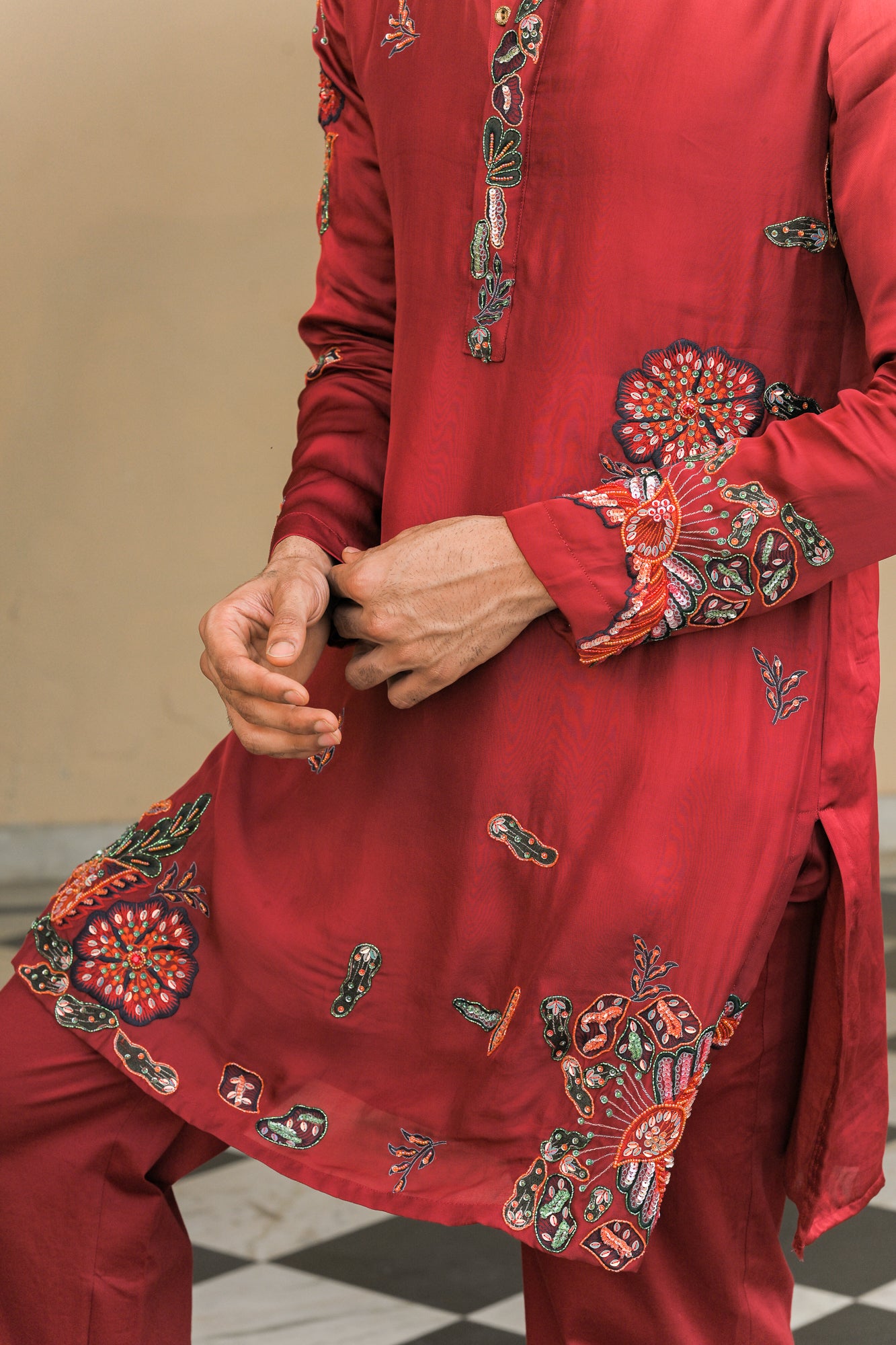 THREAD WORK EMBROIDERED PATCH KURTA. WITH SCARLET STRAIGHT PANTS