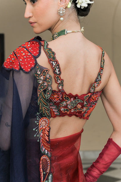 SCARLET THREAD WORK HIGHLIGHT CORSET BLOUSE WITH THREAD WORK FLLOWER PATCH DUAL SAREE HIGHLIGHT AND PETTICOAT