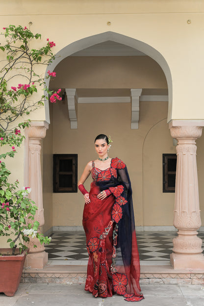 SCARLET THREAD WORK HIGHLIGHT CORSET BLOUSE WITH THREAD WORK FLLOWER PATCH DUAL SAREE HIGHLIGHT AND PETTICOAT