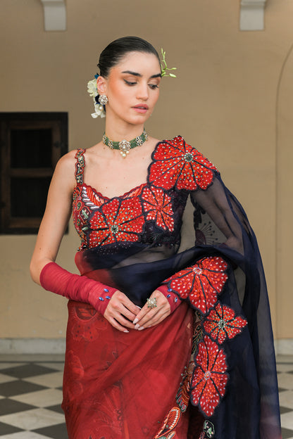SCARLET THREAD WORK HIGHLIGHT CORSET BLOUSE WITH THREAD WORK FLLOWER PATCH DUAL SAREE HIGHLIGHT AND PETTICOAT