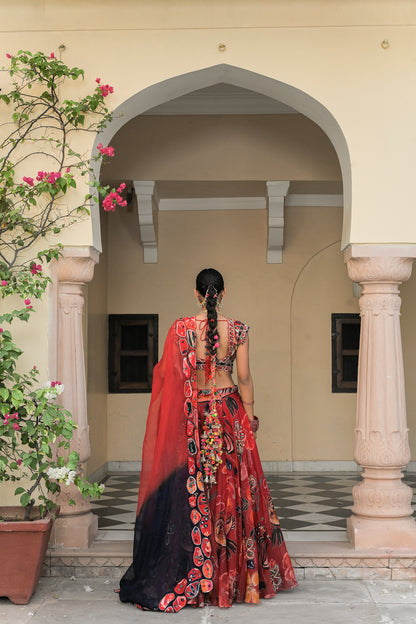 SCARLET BLOOM HIGHLIGHT LEHENGAS WITH HIGHLIGHT. EMBROIDERED BLOUSE AND DUAL APPLIQUE PATCH. HIGHLIGHT DUPATTA