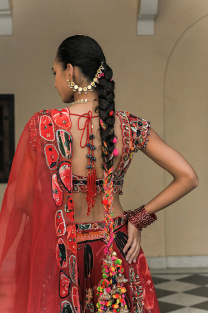SCARLET BLOOM HIGHLIGHT LEHENGAS WITH HIGHLIGHT. EMBROIDERED BLOUSE AND DUAL APPLIQUE PATCH. HIGHLIGHT DUPATTA