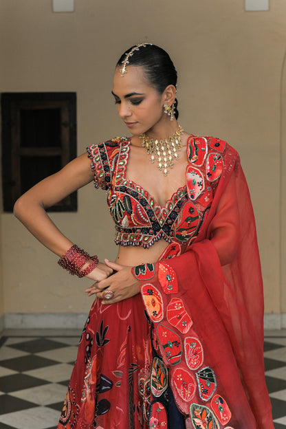 SCARLET BLOOM HIGHLIGHT LEHENGAS WITH HIGHLIGHT. EMBROIDERED BLOUSE AND DUAL APPLIQUE PATCH. HIGHLIGHT DUPATTA