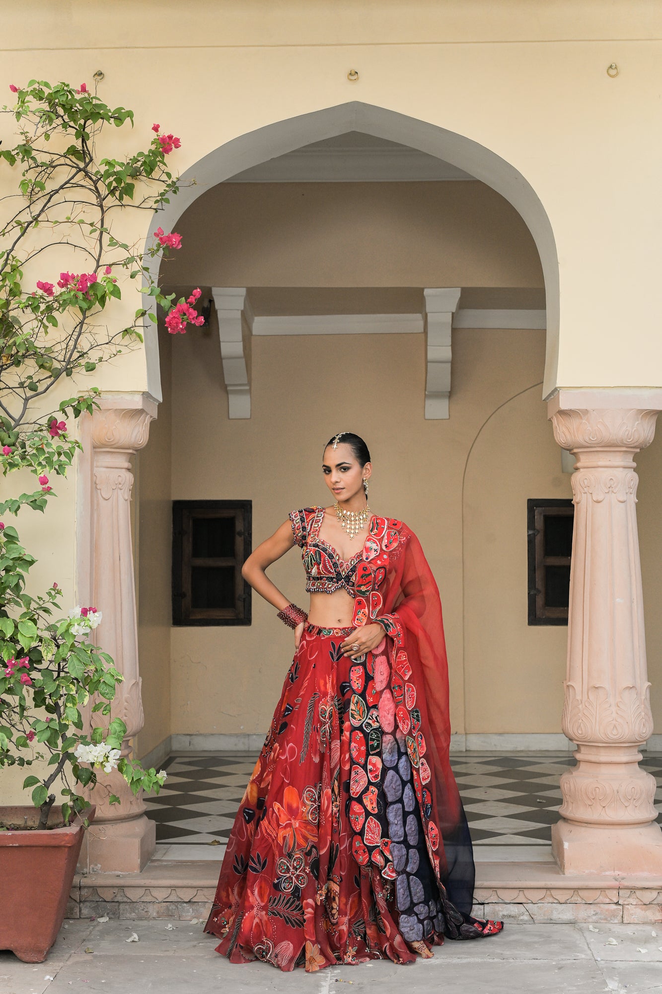 SCARLET BLOOM HIGHLIGHT LEHENGAS WITH HIGHLIGHT. EMBROIDERED BLOUSE AND DUAL APPLIQUE PATCH. HIGHLIGHT DUPATTA