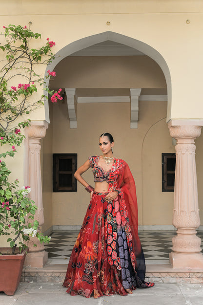 SCARLET BLOOM HIGHLIGHT LEHENGAS WITH HIGHLIGHT. EMBROIDERED BLOUSE AND DUAL APPLIQUE PATCH. HIGHLIGHT DUPATTA