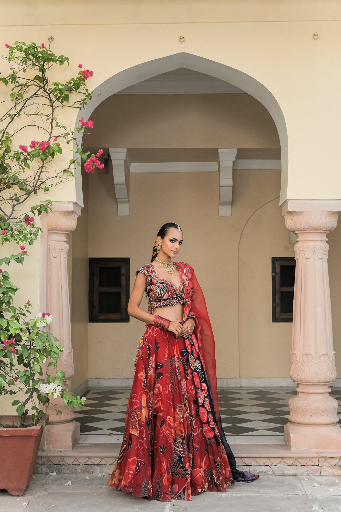 SCARLET BLOOM HIGHLIGHT LEHENGAS WITH HIGHLIGHT. EMBROIDERED BLOUSE AND DUAL APPLIQUE PATCH. HIGHLIGHT DUPATTA