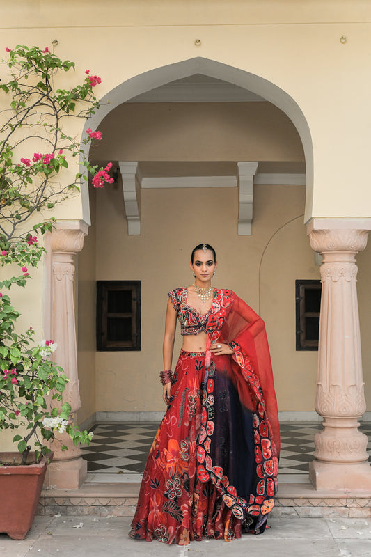 SCARLET BLOOM HIGHLIGHT LEHENGAS WITH HIGHLIGHT. EMBROIDERED BLOUSE AND DUAL APPLIQUE PATCH. HIGHLIGHT DUPATTA
